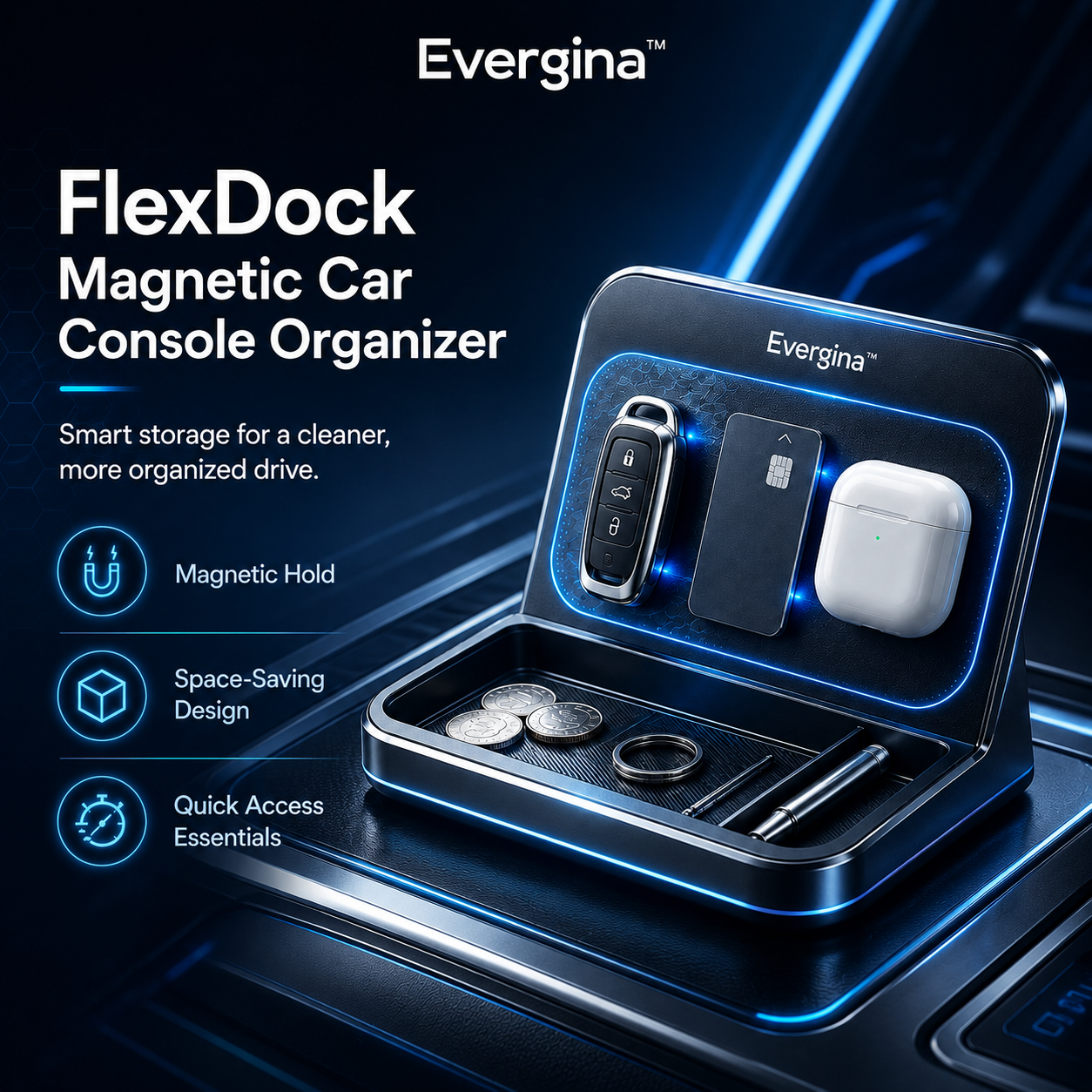 Evergina™ FlexDock Magnetic Car Console Organizer